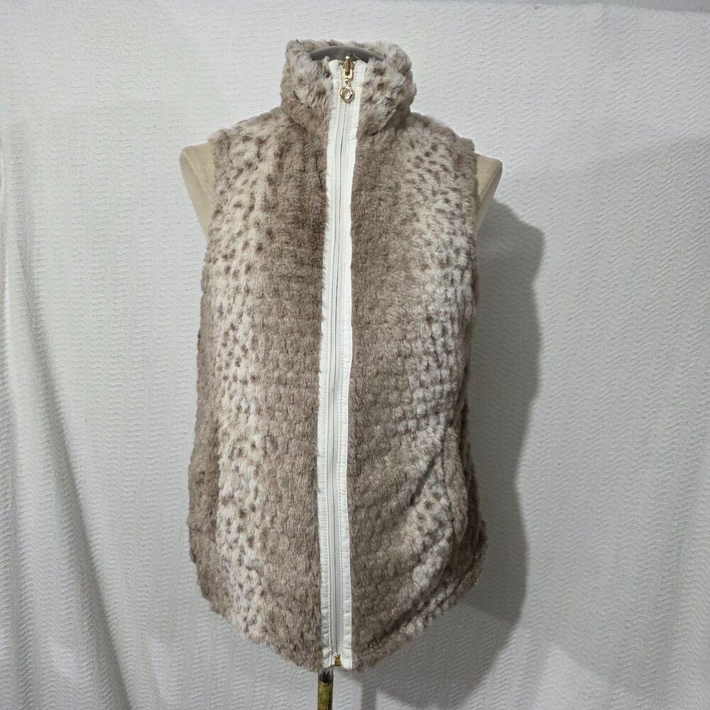 Casual Identity Reversible White & Brown Animal Print Faux Fur Zip Vest S - Picture 2 of 15